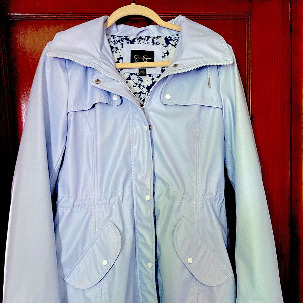 Light blue rain jacket with hood by Jessica Simpson. Excellent condition!